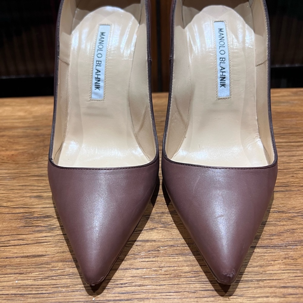 Dark brown leather, 4” wood stacked heel. - Picture 2 of 6
